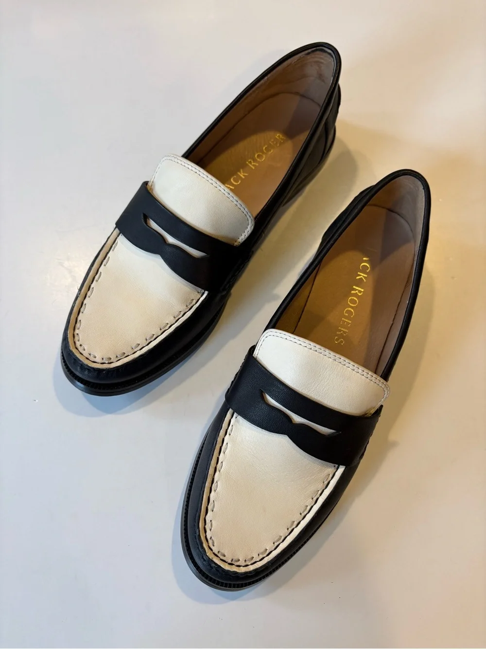 Jack Rogers || Tipson Contrast Penny Loafers Leather Flats Black Ivory 8.5